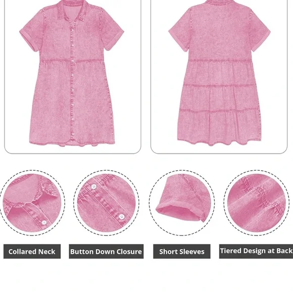 Pink Denim Button-Up Casual Dress Size L Collared Babydoll - Picture 2 of 8